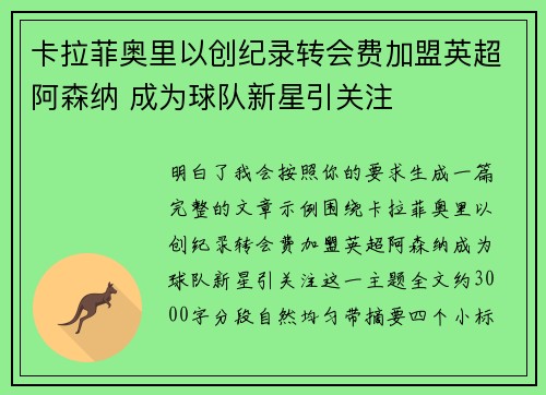 卡拉菲奥里以创纪录转会费加盟英超阿森纳 成为球队新星引关注